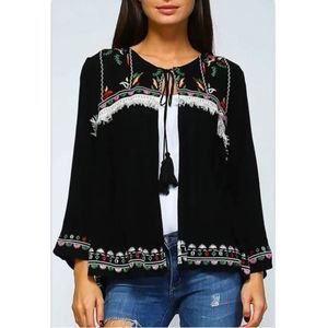 Valzera Women’s Bohemian Black Floral Embroidered Long Sleeve Jacket Small
